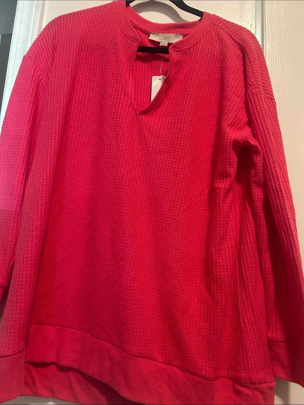 LOFT Pink Waffle-Knit Notch-Neck Pullover Sweater